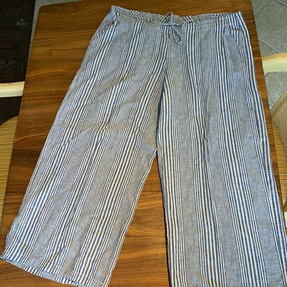 Pant, wide leg, med rise, cotton/linen, EUC, Sz L, navy wht stripe - Picture 1 of 16